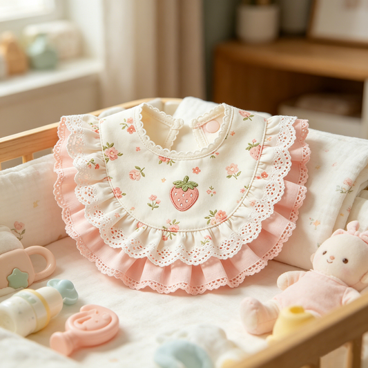 Pink Strawberry Floral Lace Bib