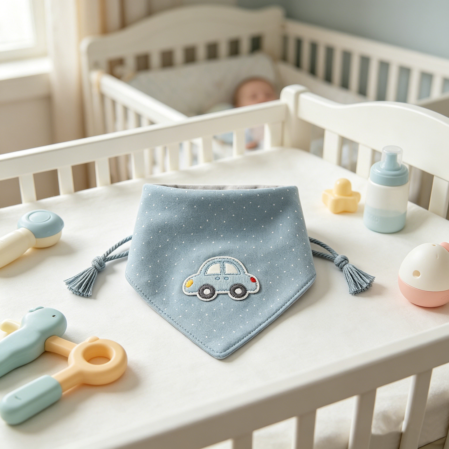Blue Car Tassel Bib