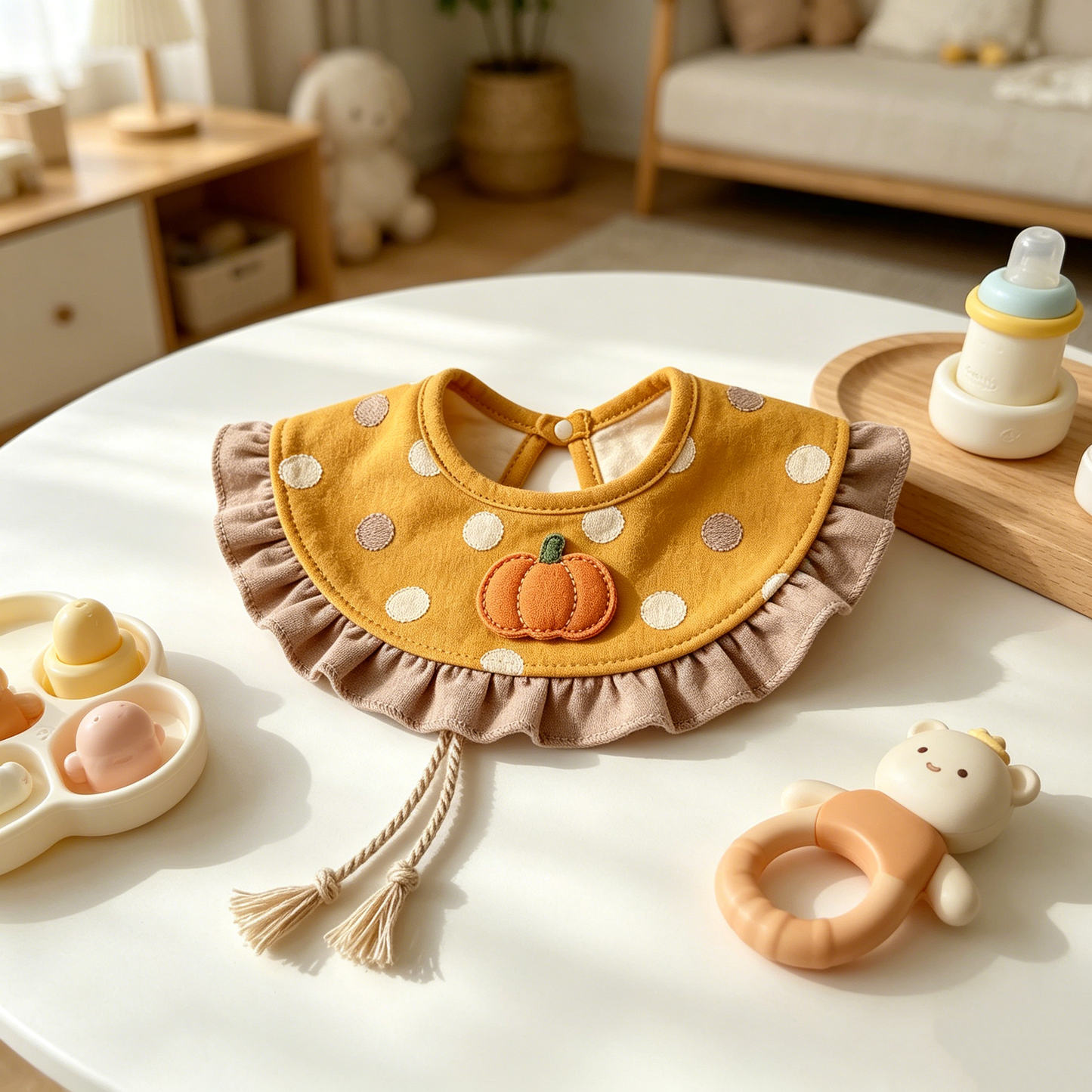 Yellow Pumpkin Dot Ruffle Bib