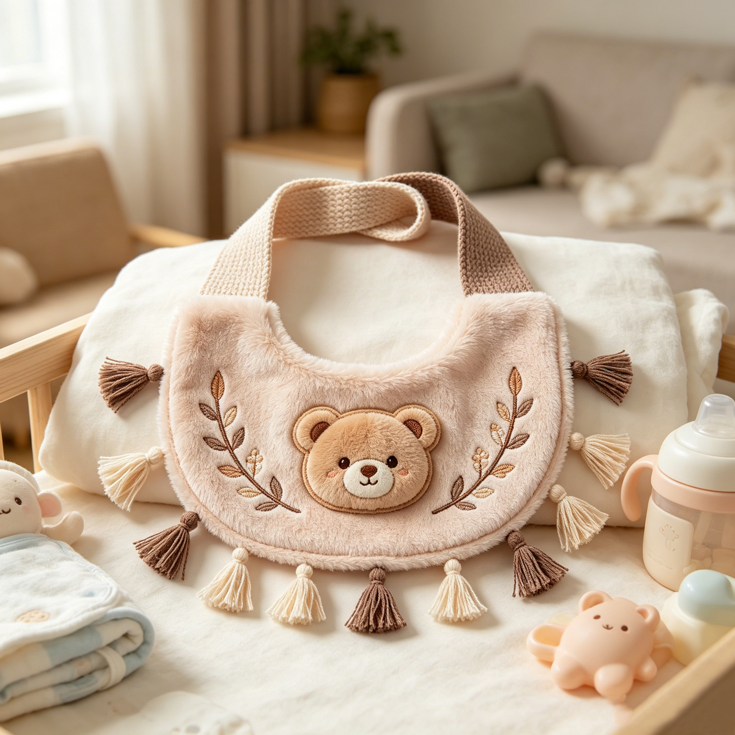 Beige Bear Tassel Plush Bib